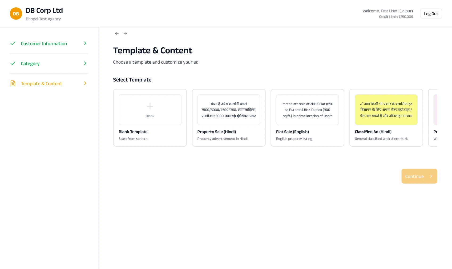 Template and content step showing selectable advertisement templates