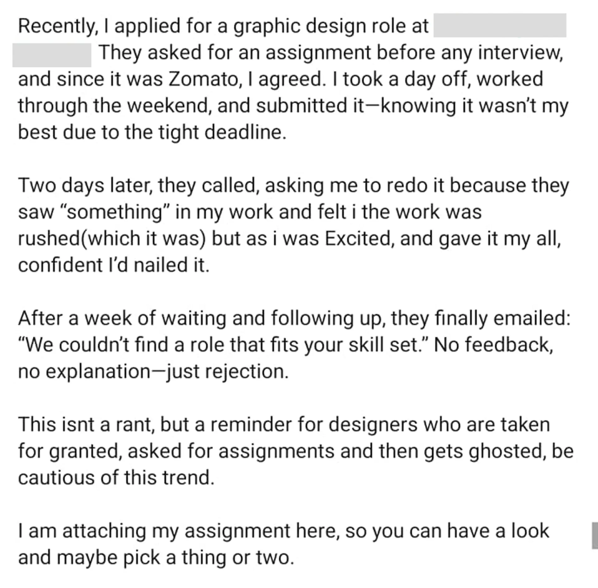 Designer post about being asked to redo an assignment and then rejected