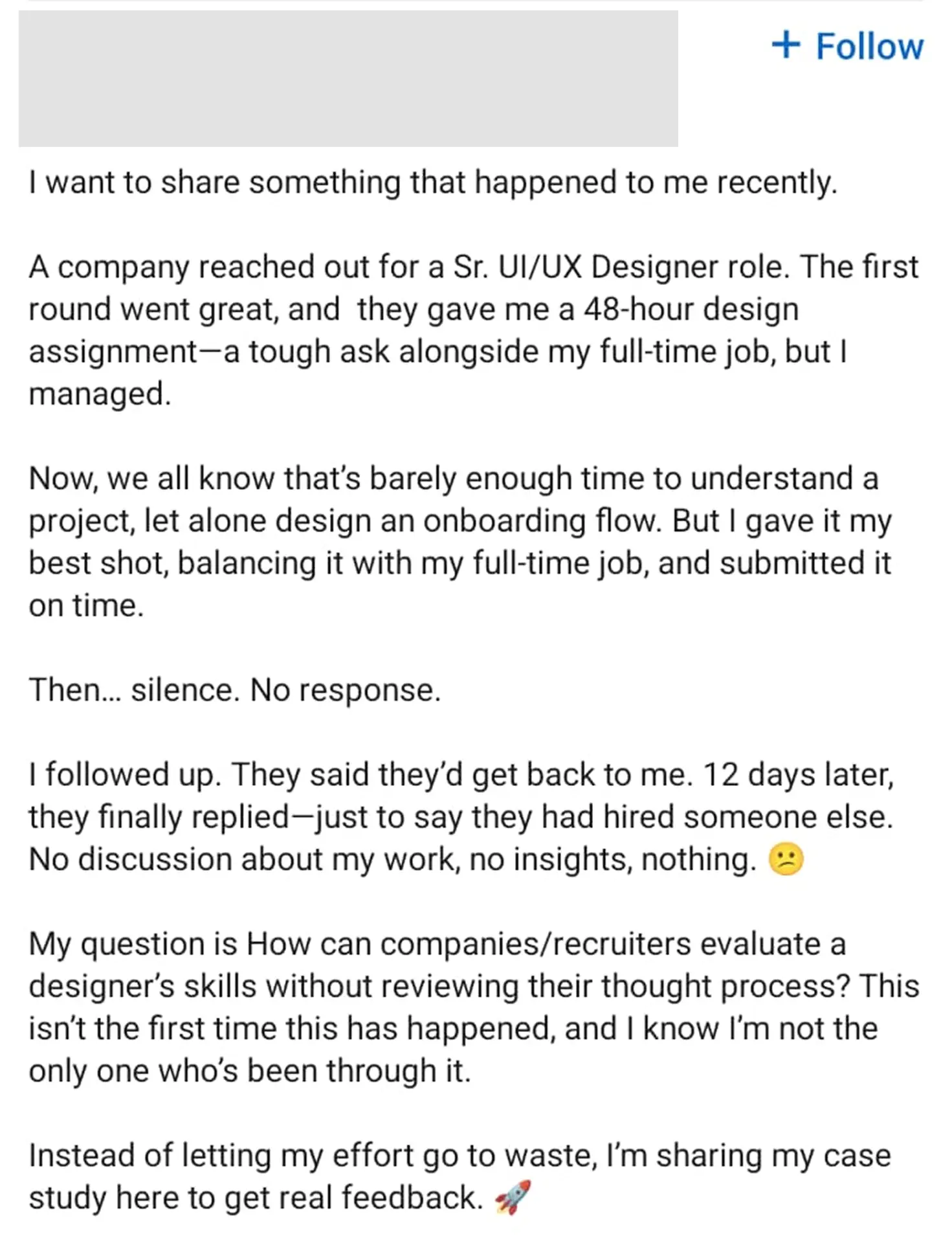 Designer post about a 48-hour design assignment and no response