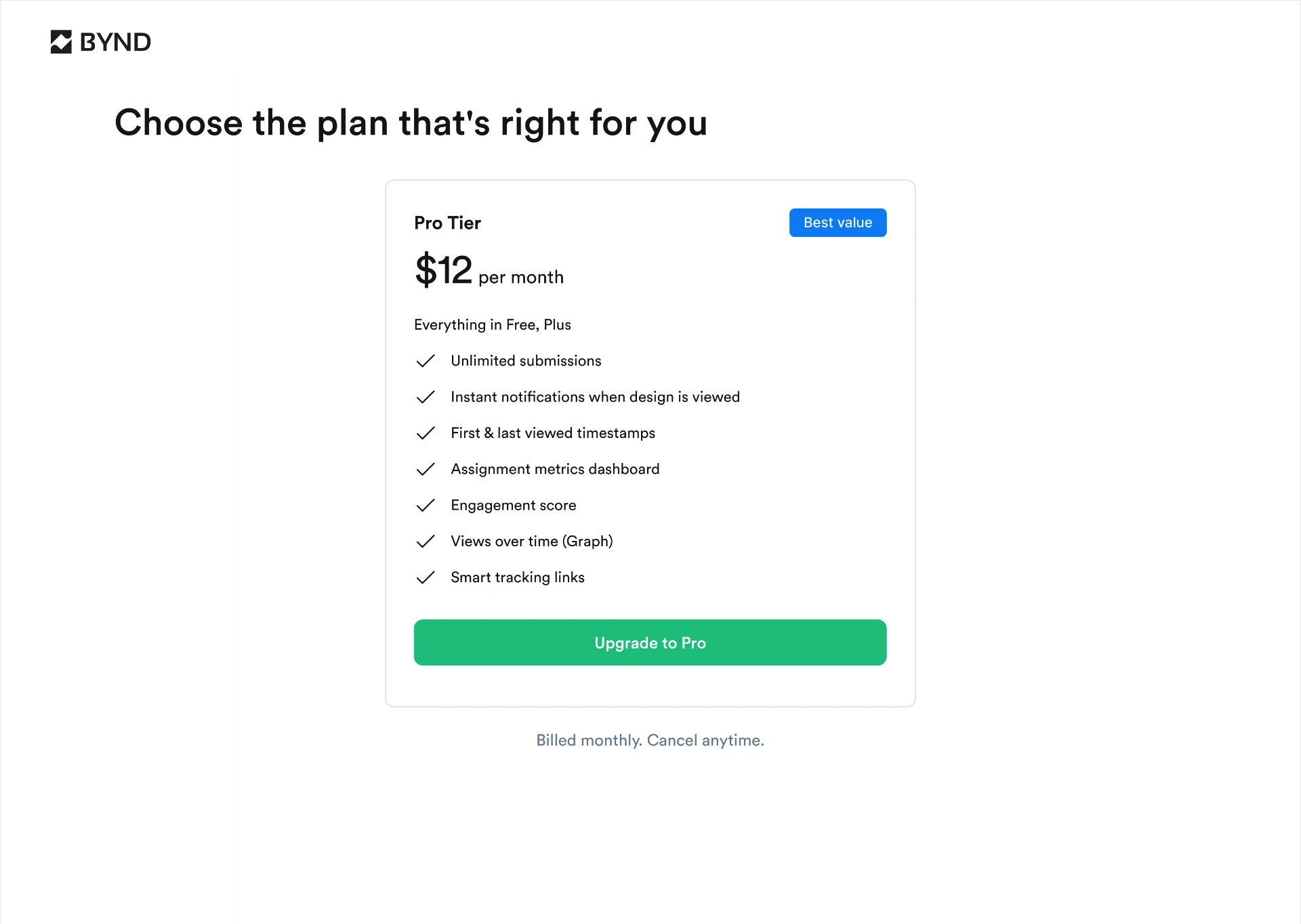 BYND pricing page with the Pro tier