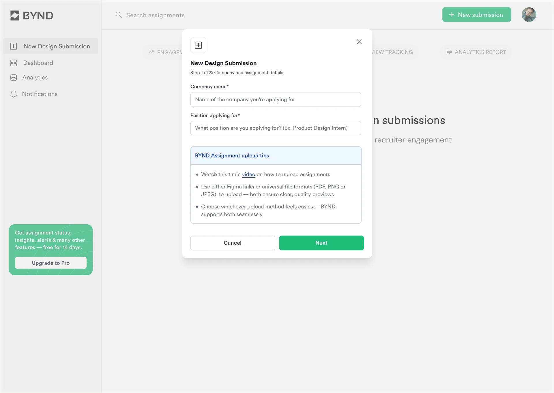 BYND new design submission flow, step 1