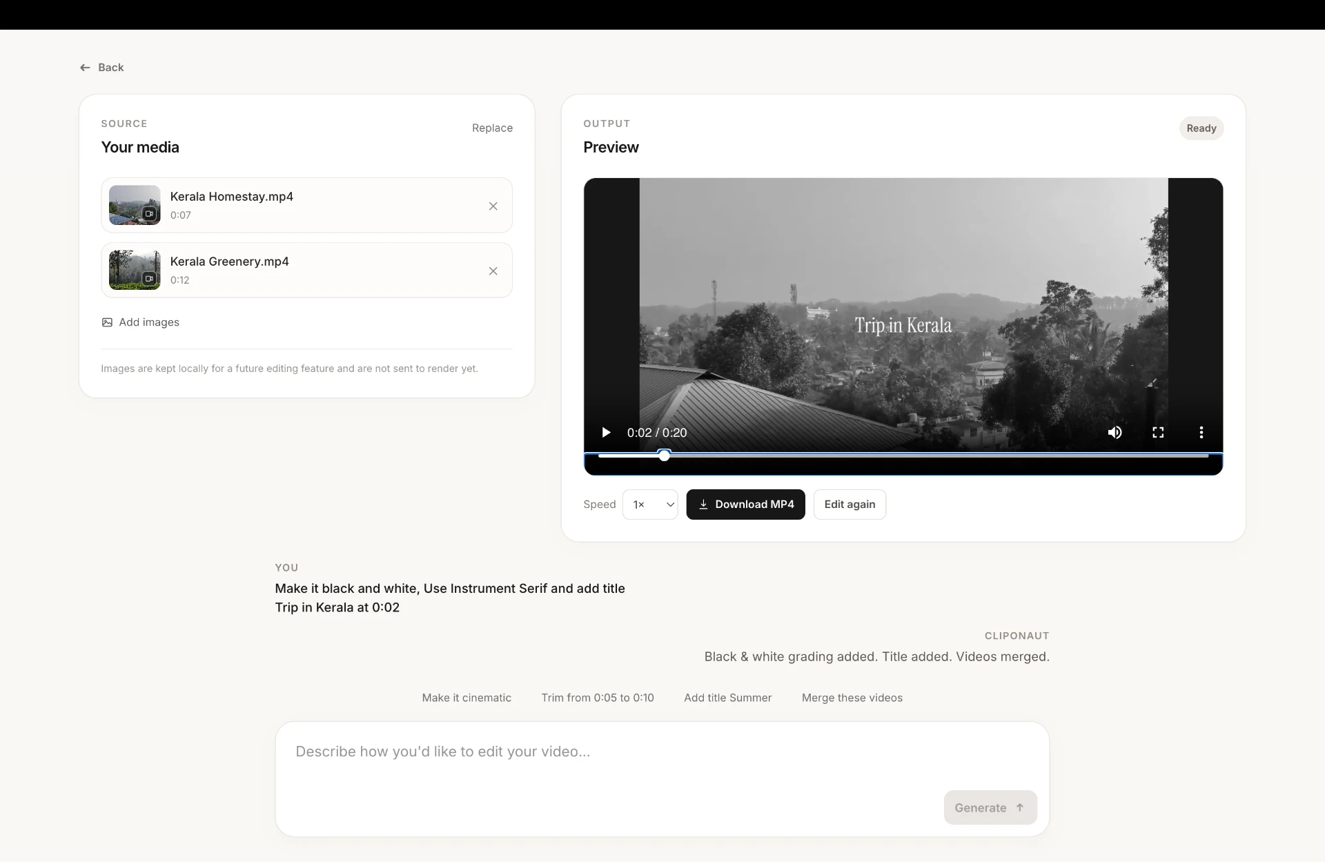 Cliponaut preview showing the finished edited video