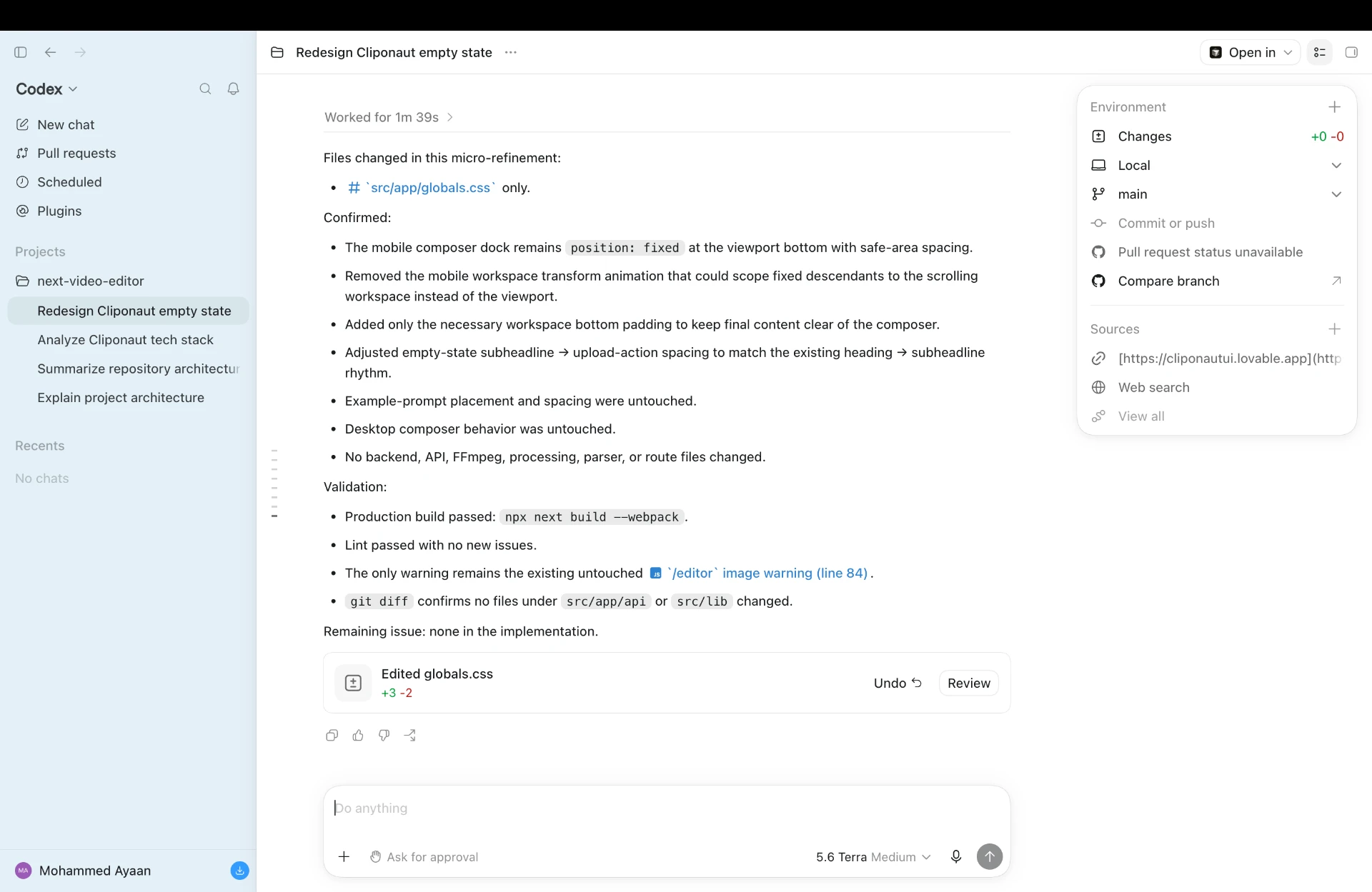 AI coding workspace showing an iteration on the Cliponaut interface