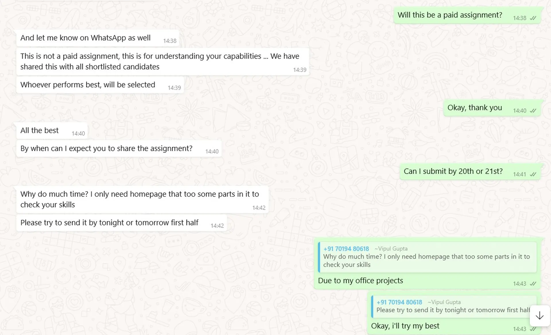 Recruiter conversation about an unpaid design assignment