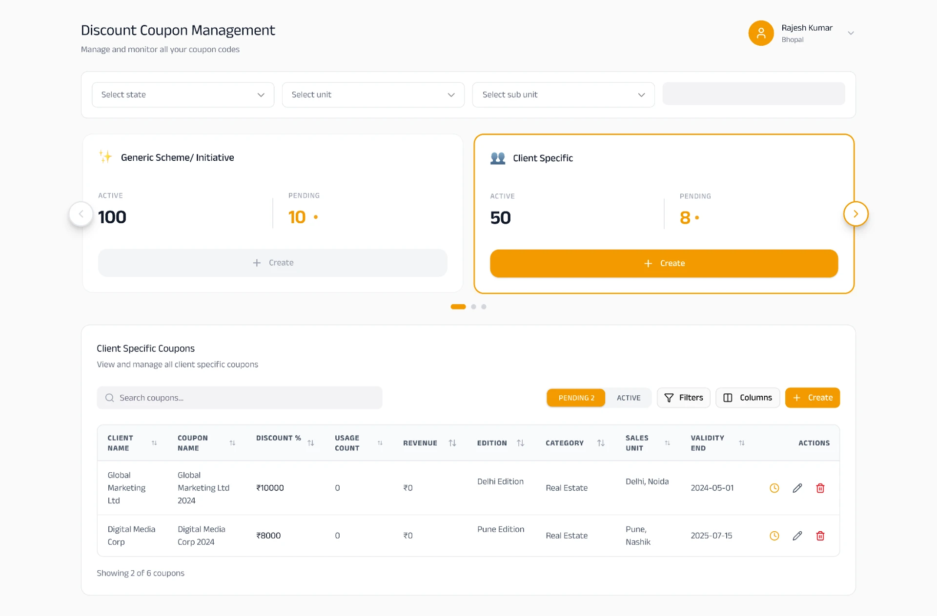Discount coupon management screen with scheme summary cards and a client specific coupon table