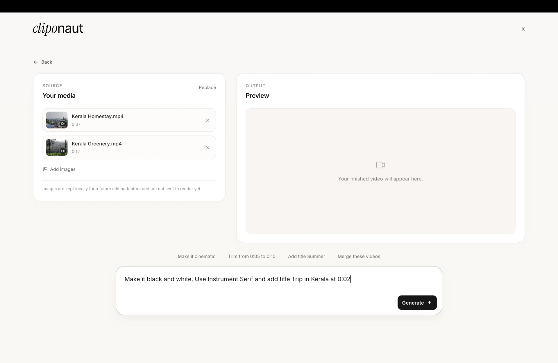 Cliponaut editor with uploaded clips and an edit prompt